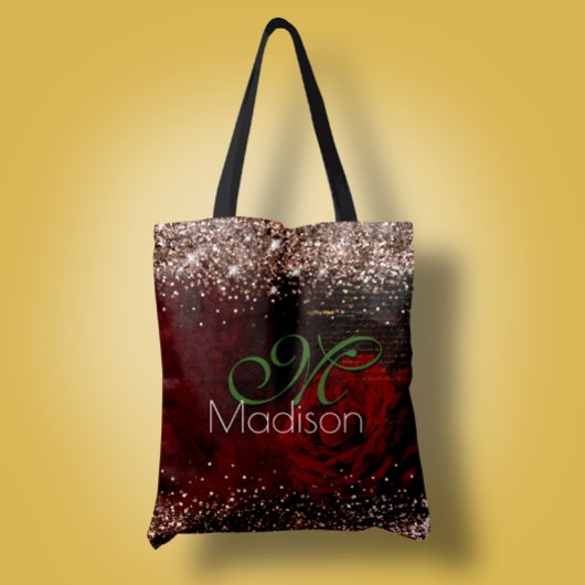 Chic Red Blume Imitate Gold Glitzer Monogramm Tasche