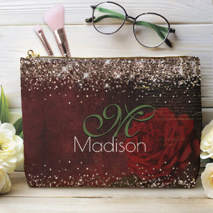 Chic Red Blume Imitate Gold Glitzer Monogramm Zubehörtasche