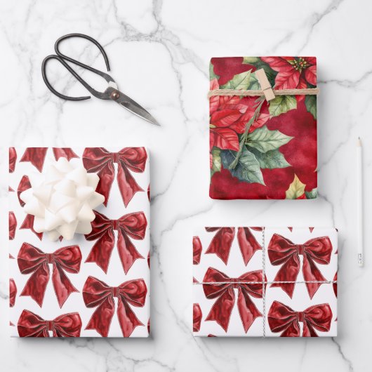Chic Red Bow Floral Christmas Geschenkpapier Set (Vorderseite)
