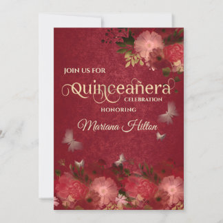 Chic Red Butterfly Blumengarten Quinceañera Einladung