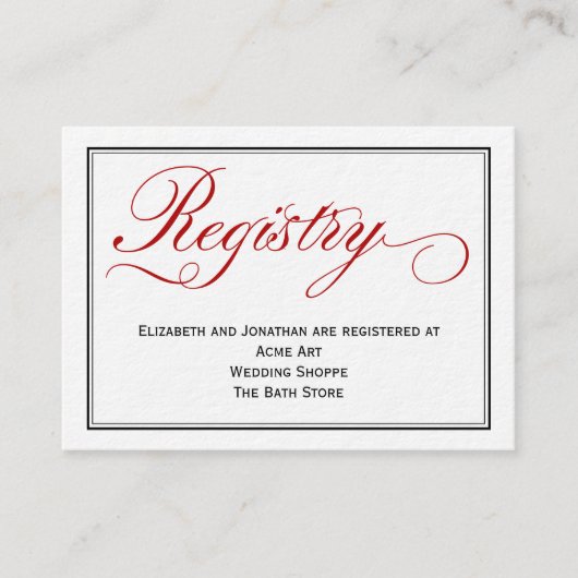 Chic Red Calligraphy Script Wedding Registry Card Begleitkarte (Vorderseite)