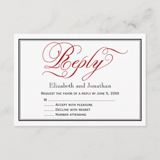 Chic Red Calligraphy Script Wedding Repcard RSVP Karte (Vorderseite)