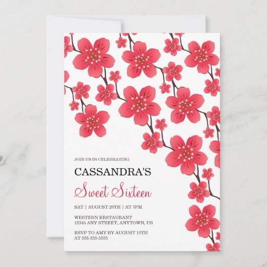 Chic Red Cherry Blossom Floral Botanical Birthday Einladung (Vorderseite)