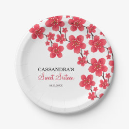 Chic Red Cherry Blossom Floral Botanical Birthday Pappteller