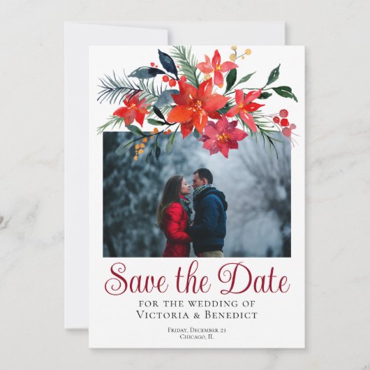 Chic Red Christmas Poinsettia Foto Save the Date Einladung (Vorderseite)