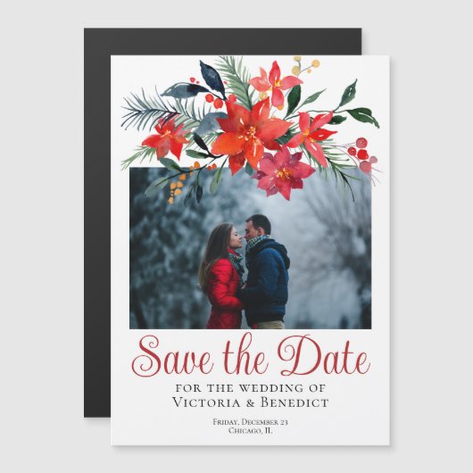 Chic Red Christmas Poinsettia Foto Save the Date Magneteinladung (Vorne/Hinten)
