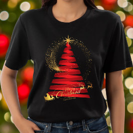 Chic Red Christmas Tree Gold Santa und Rentier T-Shirt