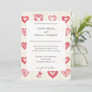 Chic Red Cream Hearts Wedding Einladung