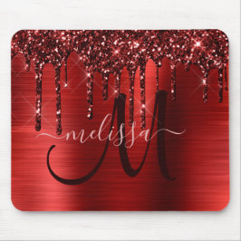 Chic Red Dripping Glitzer Metal Monogram Mouse Mousepad