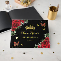 Chic Red Floral Butterfells Black Quinceanera Gold