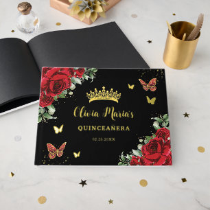 Chic Red Floral Butterfells Black Quinceanera Gold Gästebuch