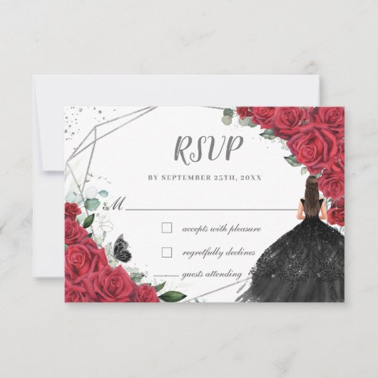 Chic Red Floral Rose Silver Quinceñera Princess RSVP Karte (Vorderseite)