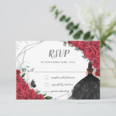 Chic Red Floral Rose Silver Quinceñera Princess RSVP Karte (Stehend Vorderseite)