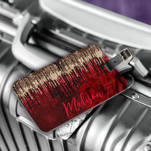 Chic red flower gold drips glitter monogram gepäckanhänger