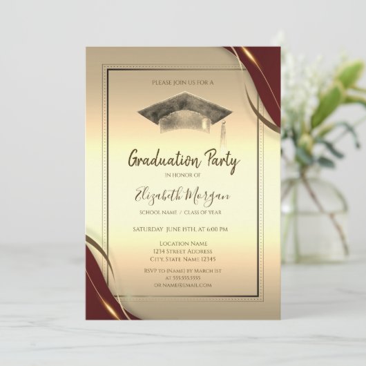 Chic Red Frame, Graduation Cap Gold Abschluss Einladung (Stehend Vorderseite)