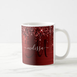 Chic Red Glitzer Tropfen Pinselmetall Monogram Kaffeetasse