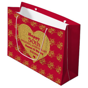 Chic Red & Gold Floral 50. Hochzeitstag Große Geschenktüte