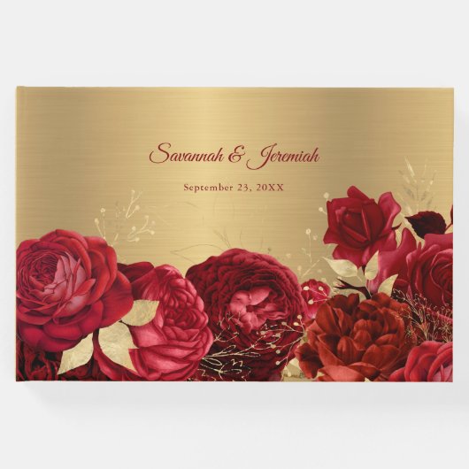 Chic Red Gold Floral Anpassbare Hochzeit Gästebuch (Vorderseite)