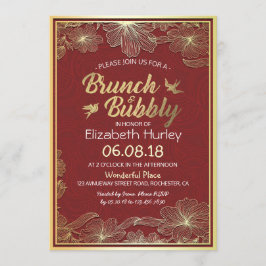 Chic Red Gold Floral Brunch & Bubbly Brautparty Einladung