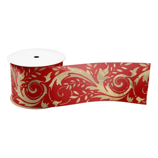Chic Red Gold Floral Scroll Modernes Design Satinband (Spule)