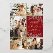 Chic Red Gold Foto Collage Frohe Weihnachtskarte Folieneinladung (Vorderseite)