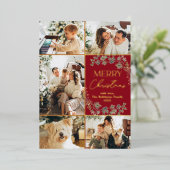Chic Red Gold Foto Collage Frohe Weihnachtskarte Folieneinladung (Stehend vorne)