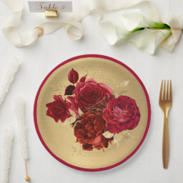 Chic Red Gold Rose Floral Pappteller