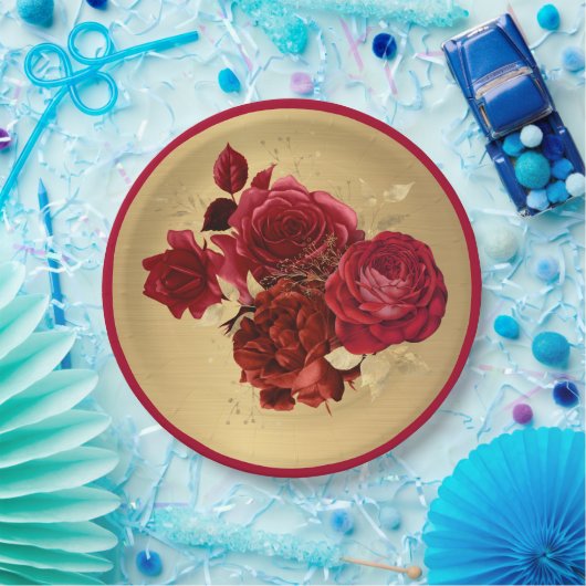 Chic Red Gold Rose Floral Pappteller (Party)