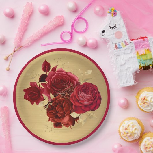 Chic Red Gold Rose Floral Pappteller (Party)