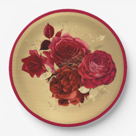 Chic Red Gold Rose Floral Pappteller
