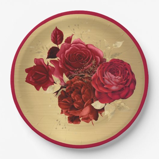 Chic Red Gold Rose Floral Pappteller (Vorderseite)