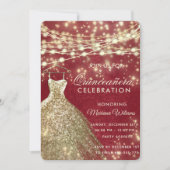 Chic red gold String lights Glitzer Kleid Quince Einladung (Vorderseite)