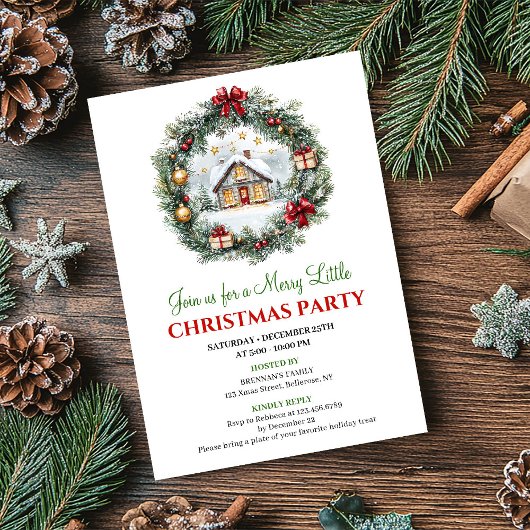 Chic Red Green Holiday Scene Party Invitation Card Einladung