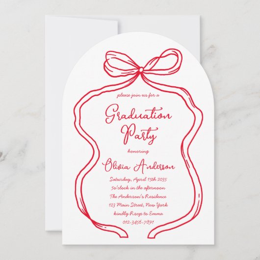 Chic Red Hand Drawn Bow & Script Graduation Party Einladung (Vorderseite)