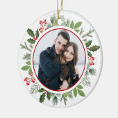 Chic Red Holly Berry Christmas Wreath Couple Foto Keramik Ornament (Links)