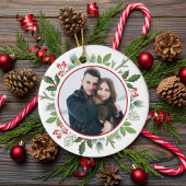 Chic Red Holly Berry Christmas Wreath Couple Foto Keramik Ornament