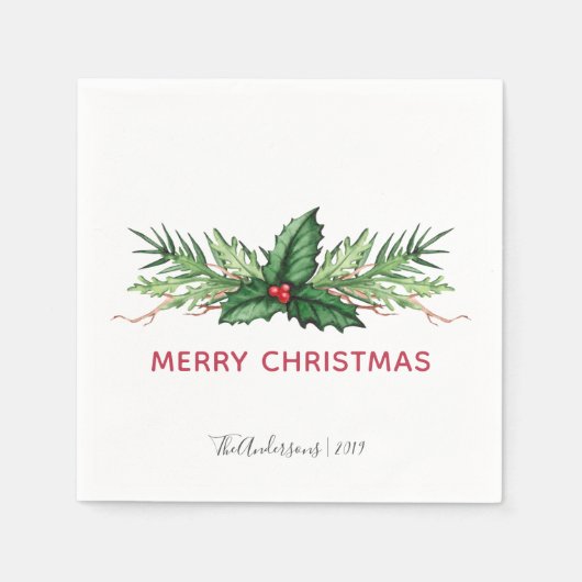 Chic Red Holly Painted Bouquet Weihnachtsfeiertag Serviette (Vorderseite)