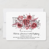 Chic Red Maroon Greenery Floral 40. Geburtstag Einladung (Vorderseite)