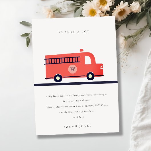 Chic Red Navy Fire Truck Motor Baby Shower Dankeskarte