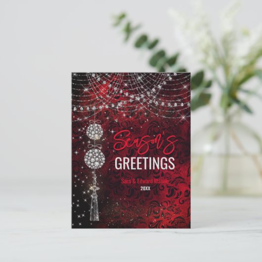 Chic Red Ornaments Glitzer Weihnachten Neues Jahr Postkarte (Stehend Vorderseite)