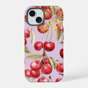 Chic Red, Pastel Mauve Cherry Frucht mit Gold iPhone 15 Hülle