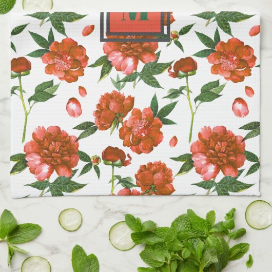 Chic Red Peonies Blooming Blume Muster Monogramm Geschirrtuch (Gefaltet)