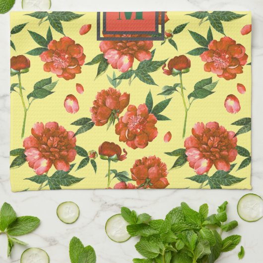 Chic Red Peonies Blooming Blume Muster Monogramm Geschirrtuch (Gefaltet)