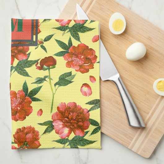 Chic Red Peonies Blooming Blume Muster Monogramm Geschirrtuch (Viertel Falte)