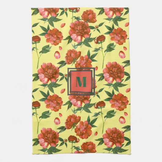 Chic Red Peonies Blooming Blume Muster Monogramm Geschirrtuch (Vertikal)
