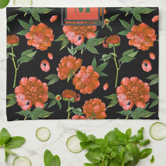 Chic Red Peonies Blooming Blume Muster Monogramm Geschirrtuch (Gefaltet)