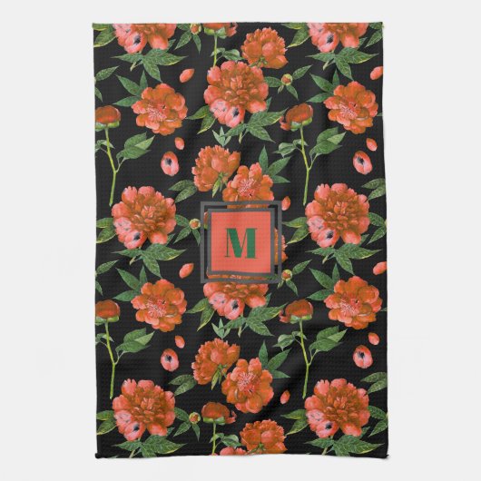 Chic Red Peonies Blooming Blume Muster Monogramm Geschirrtuch (Vertikal)
