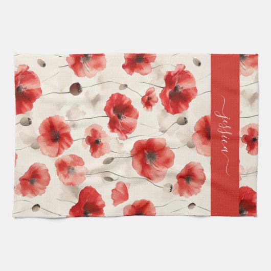 Chic red poppies script name geschirrtuch (Horizontal)