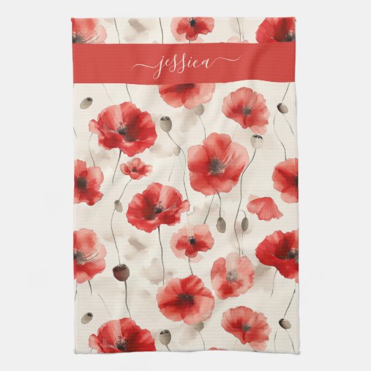 Chic red poppies script name  geschirrtuch (Vertikal)