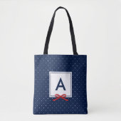 Chic Red Ribbon Blue Polka Dot Muster Monogram Tasche (Vorderseite)
